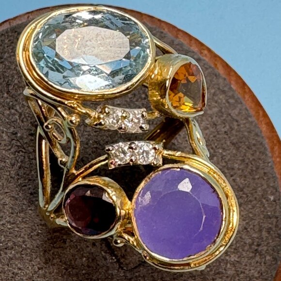 14k Yellow Gold Multi-Gemstone Handmade Statement Ring 2mm Width Size 5 - Picture 5 of 9